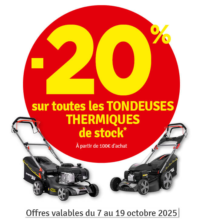 20 % sur toutes les tondeuses thermiques de stock